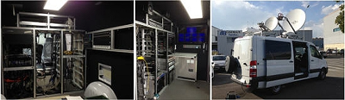 Outside broadcast trucks for satellite news gathering in Switzerland and France.